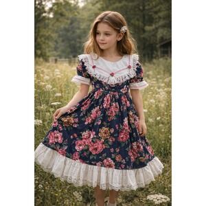 Vtg Pazazz Dress Girls 3 Prairie Floral Lace‎ Ruffle Cottagecore USA Made